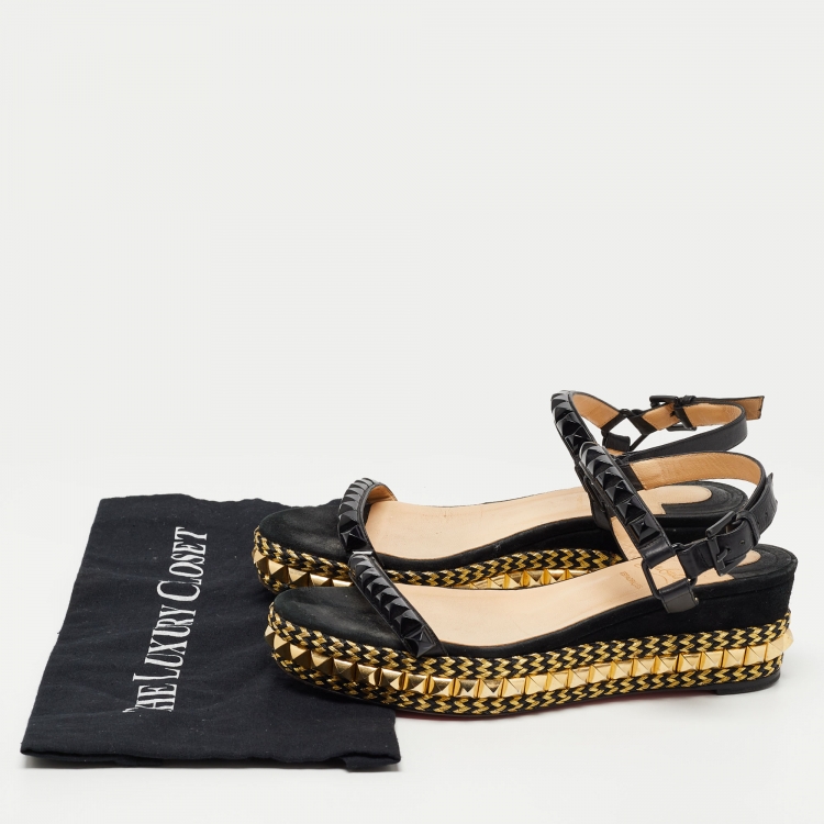 Pre Owned Christian Louboutin Black Leather Pira Ryad 60 Studded Ankle Strap Sandals Size 38