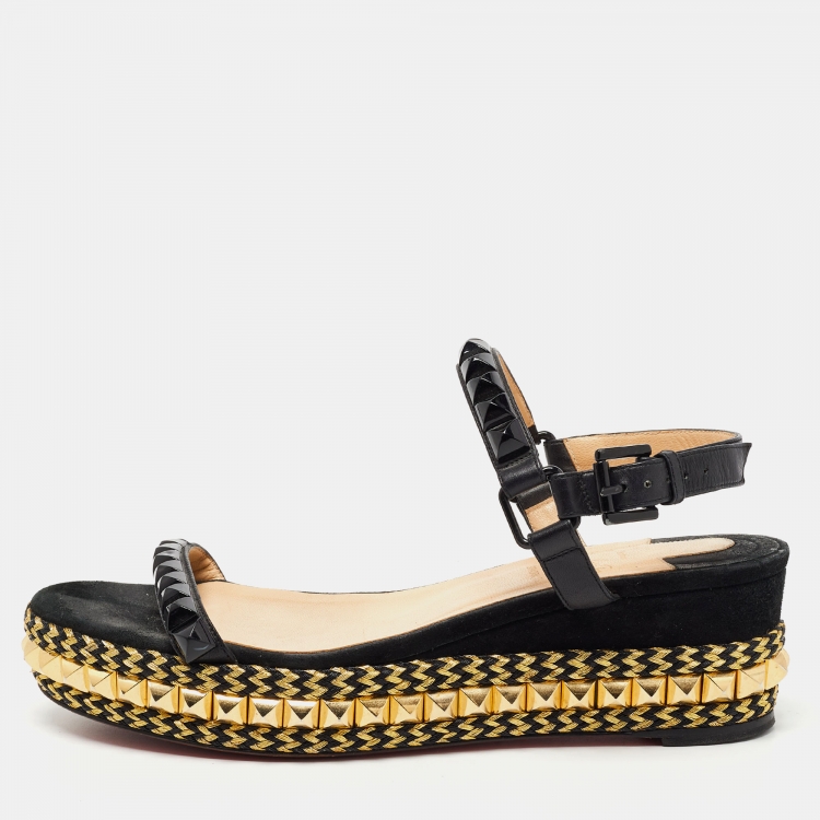 Pre Owned Christian Louboutin Black Leather Pira Ryad 60 Studded Ankle Strap Sandals Size 38