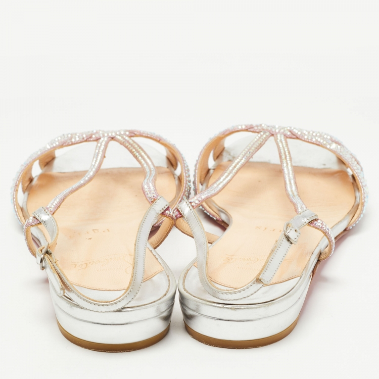Pre Owned Christian Louboutin Pink Crystal Embellished Suede Slingback Flat Sandals Size 38