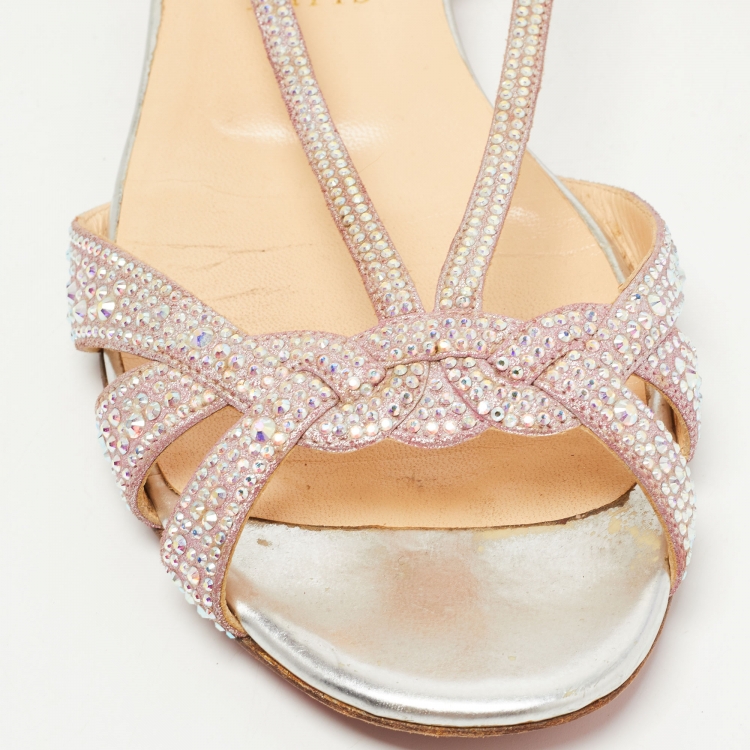 Pre Owned Christian Louboutin Pink Crystal Embellished Suede Slingback Flat Sandals Size 38