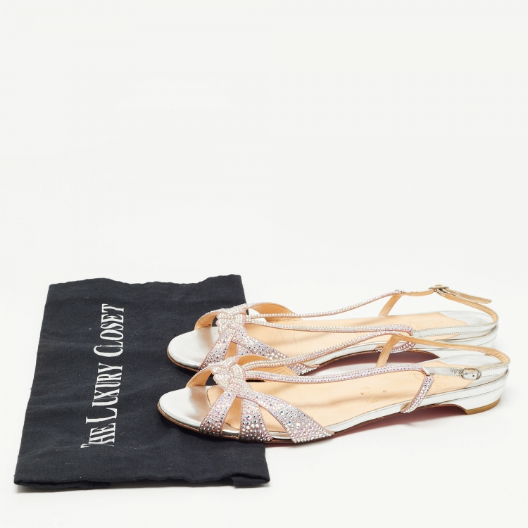 Pre Owned Christian Louboutin Pink Crystal Embellished Suede Slingback Flat Sandals Size 38