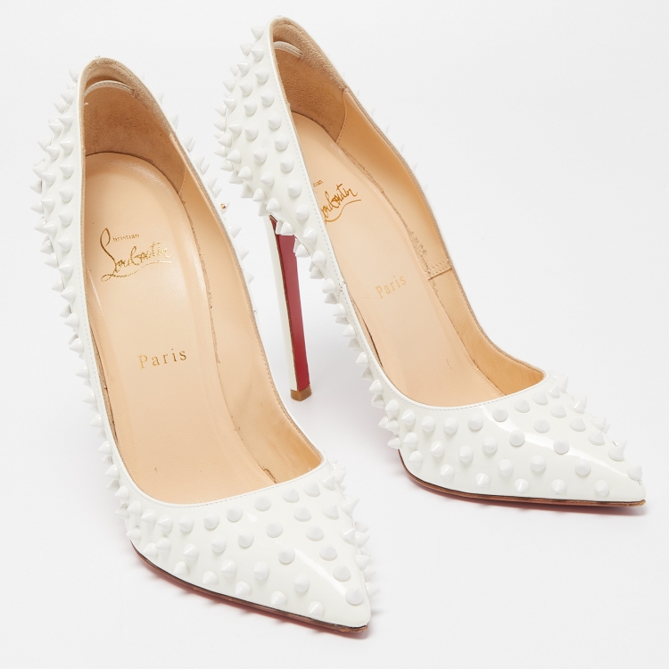 Pre Owned Christian Louboutin White Patent Leather Pigalle Spikes Pumps Size 39.5