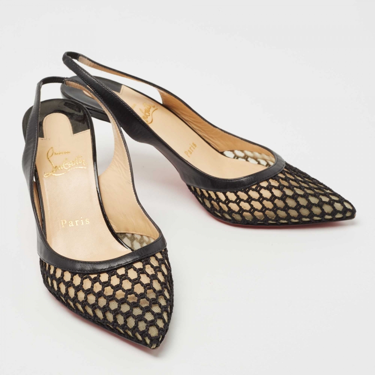 Pre Owned Christian Louboutin Black Leather and Mesh Miluna Slingback Pumps Size 38
