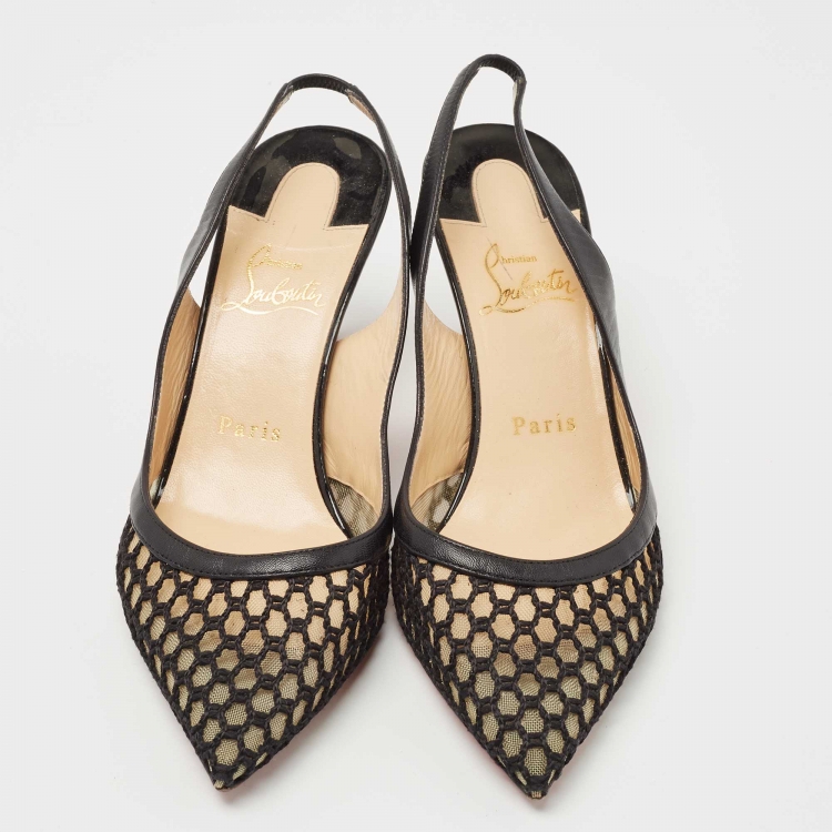 Pre Owned Christian Louboutin Black Leather and Mesh Miluna Slingback Pumps Size 38