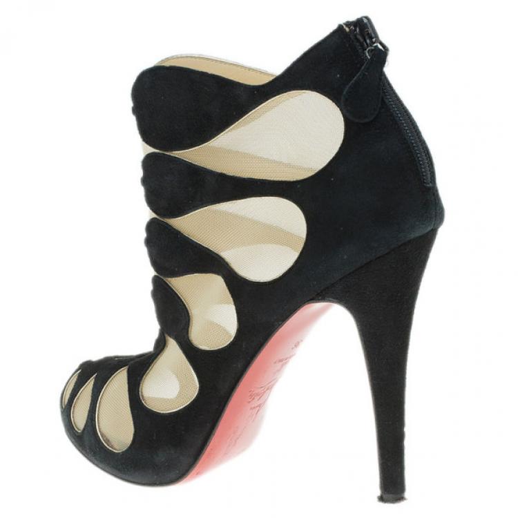 Pre Owned Christian Louboutin Black Suede and Mesh Circus Cutout Ankle Boots Size 36