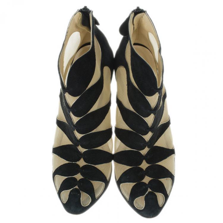 Pre Owned Christian Louboutin Black Suede and Mesh Circus Cutout Ankle Boots Size 36
