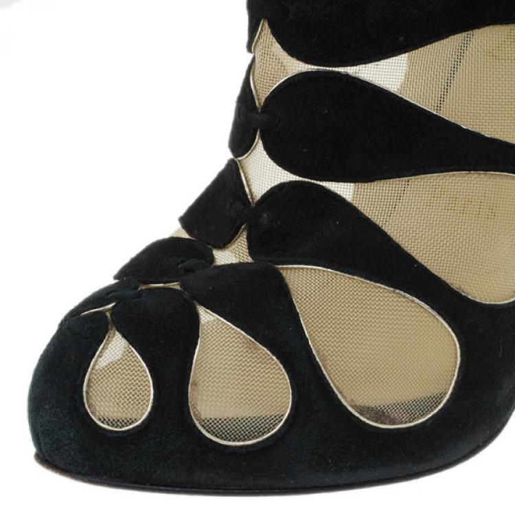 Pre Owned Christian Louboutin Black Suede and Mesh Circus Cutout Ankle Boots Size 36