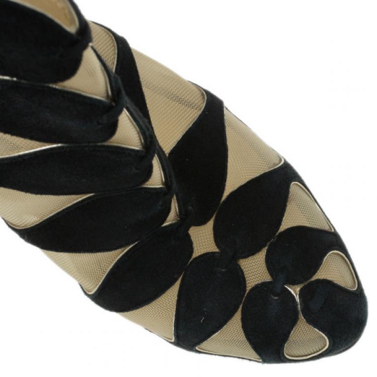 Pre Owned Christian Louboutin Black Suede and Mesh Circus Cutout Ankle Boots Size 36