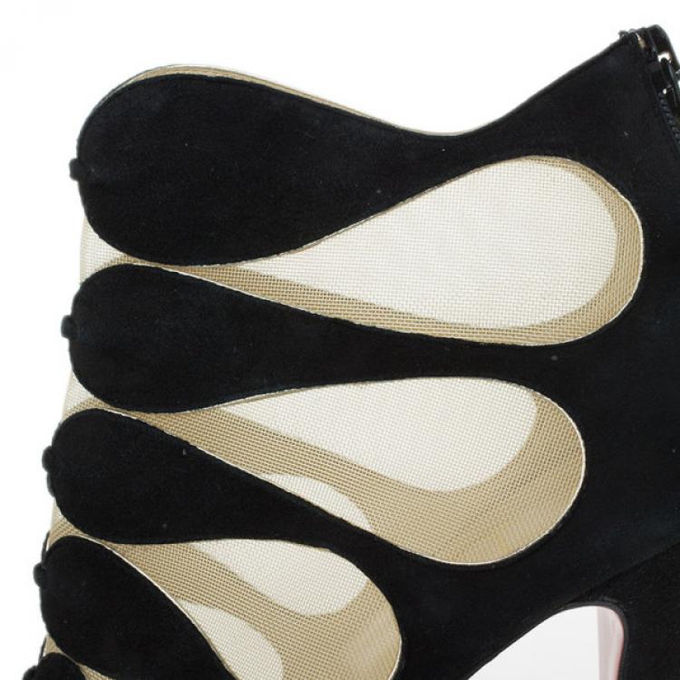 Pre Owned Christian Louboutin Black Suede and Mesh Circus Cutout Ankle Boots Size 36