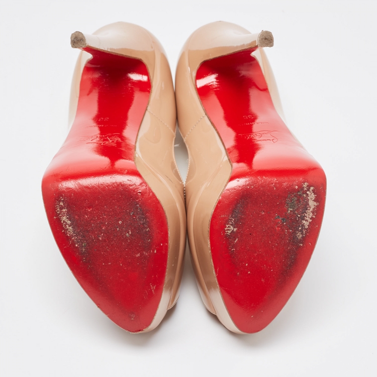 Pre Owned Christian Louboutin Beige Patent Leather Lady Peep Pumps Size 36