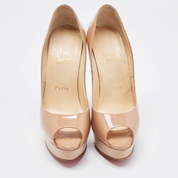 Pre Owned Christian Louboutin Beige Patent Leather Lady Peep Pumps Size 36