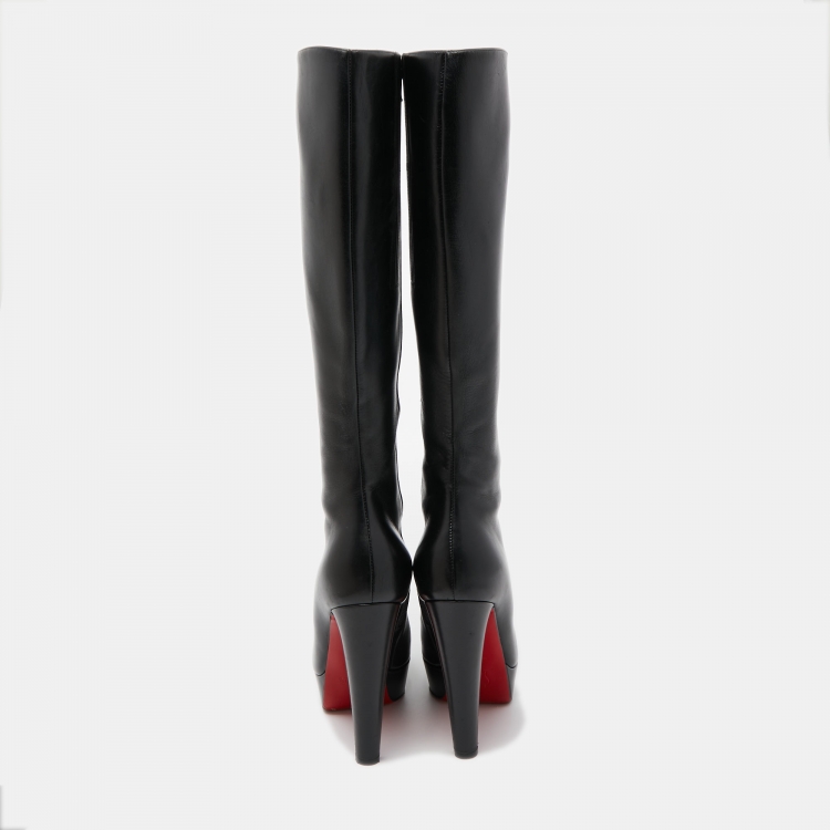 Pre Owned Christian Louboutin Black Leather Knee Length Boots Size 38