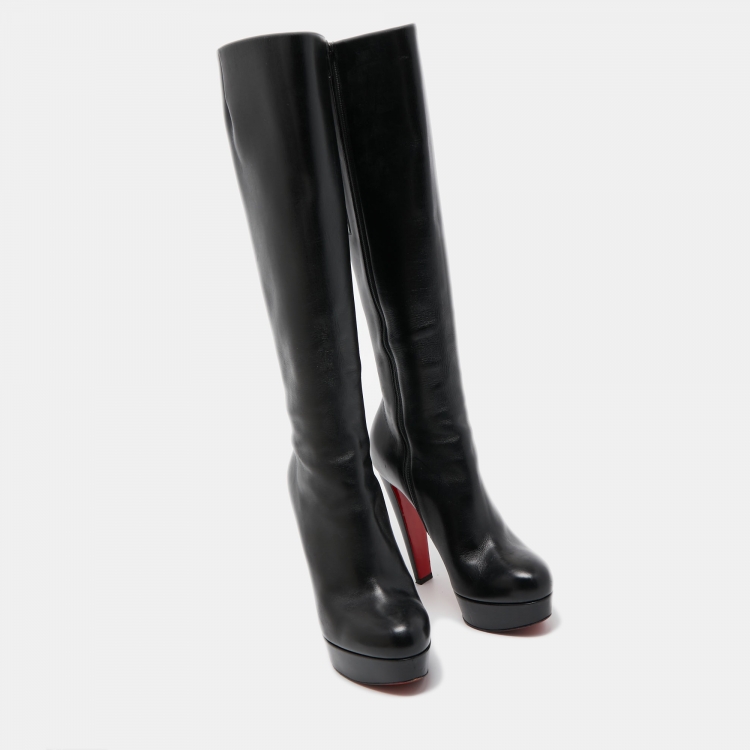 Pre Owned Christian Louboutin Black Leather Knee Length Boots Size 38