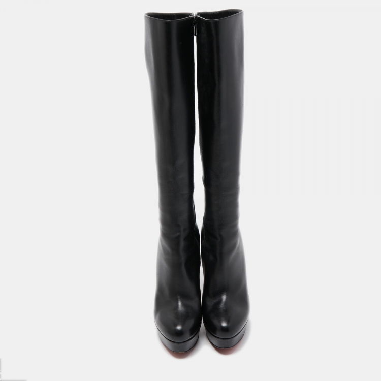 Pre Owned Christian Louboutin Black Leather Knee Length Boots Size 38