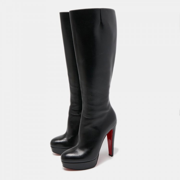 Pre Owned Christian Louboutin Black Leather Knee Length Boots Size 38
