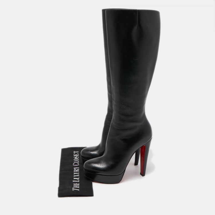 Pre Owned Christian Louboutin Black Leather Knee Length Boots Size 38