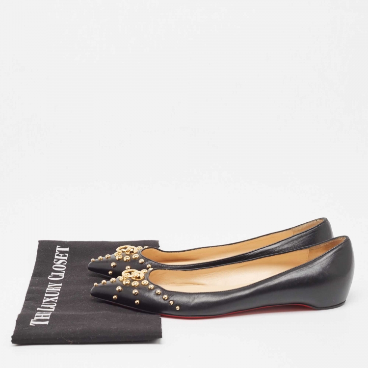 Pre Owned Christian Louboutin Black Leather Door Knock Studded Ballet Flats Size 38.5