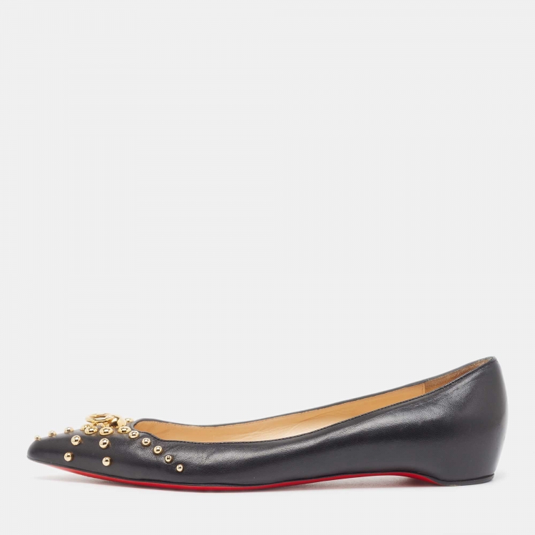 Pre Owned Christian Louboutin Black Leather Door Knock Studded Ballet Flats Size 38.5