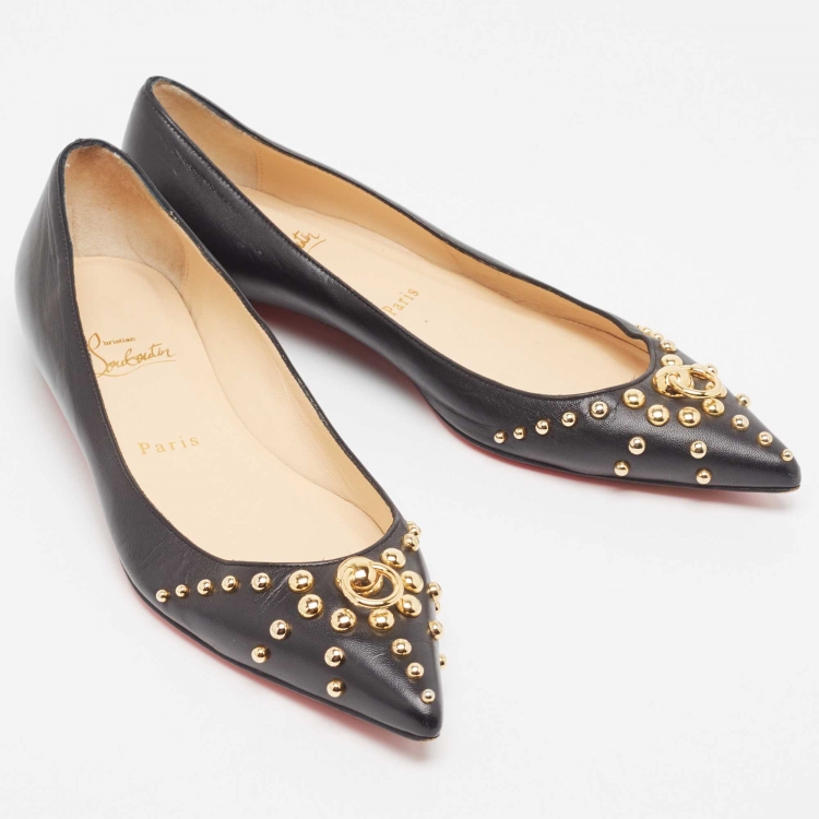 Pre Owned Christian Louboutin Black Leather Door Knock Studded Ballet Flats Size 38.5