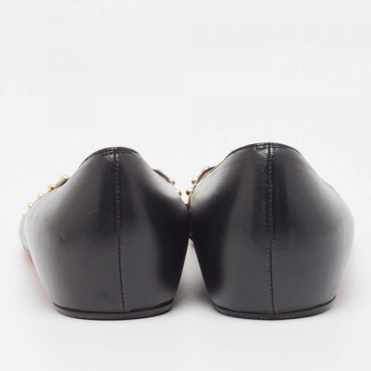 Pre Owned Christian Louboutin Black Leather Door Knock Studded Ballet Flats Size 38.5
