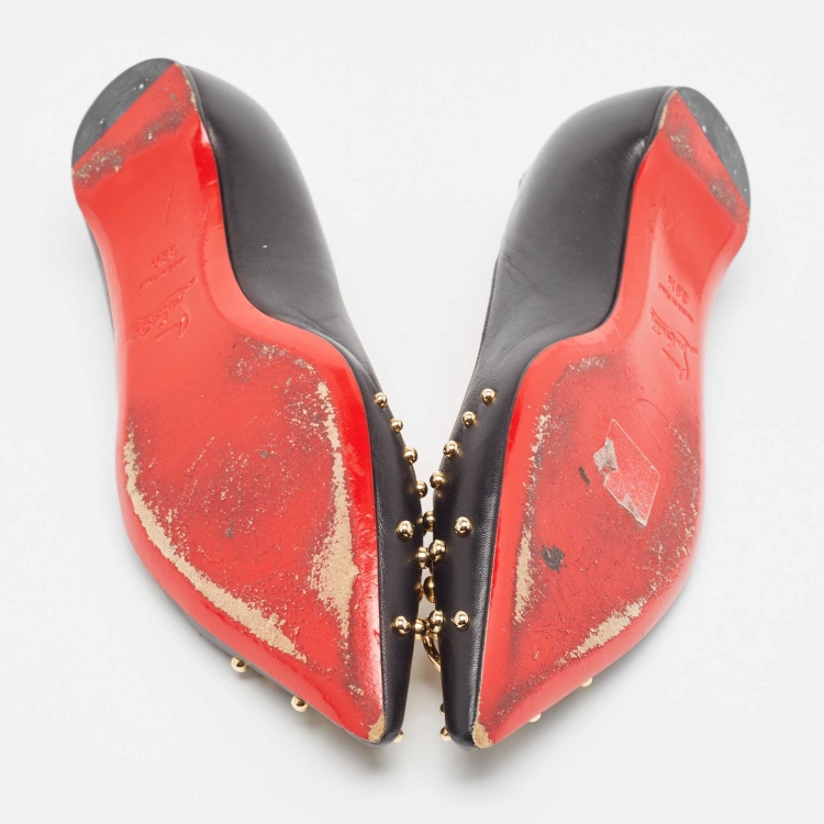 Pre Owned Christian Louboutin Black Leather Door Knock Studded Ballet Flats Size 38.5