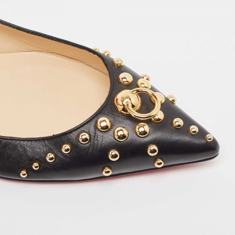 Pre Owned Christian Louboutin Black Leather Door Knock Studded Ballet Flats Size 38.5