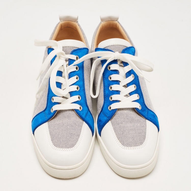 Pre Owned Christian Louboutin White/Navy Blue Leather and Woven Fabric Rantulow Low Top Sneakers Size 44