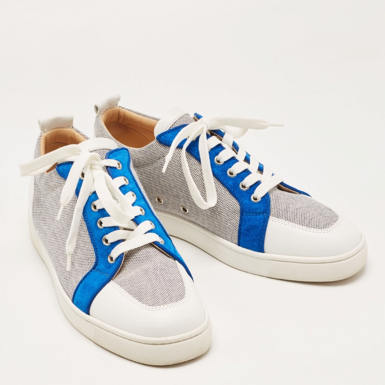 Pre Owned Christian Louboutin White/Navy Blue Leather and Woven Fabric Rantulow Low Top Sneakers Size 44