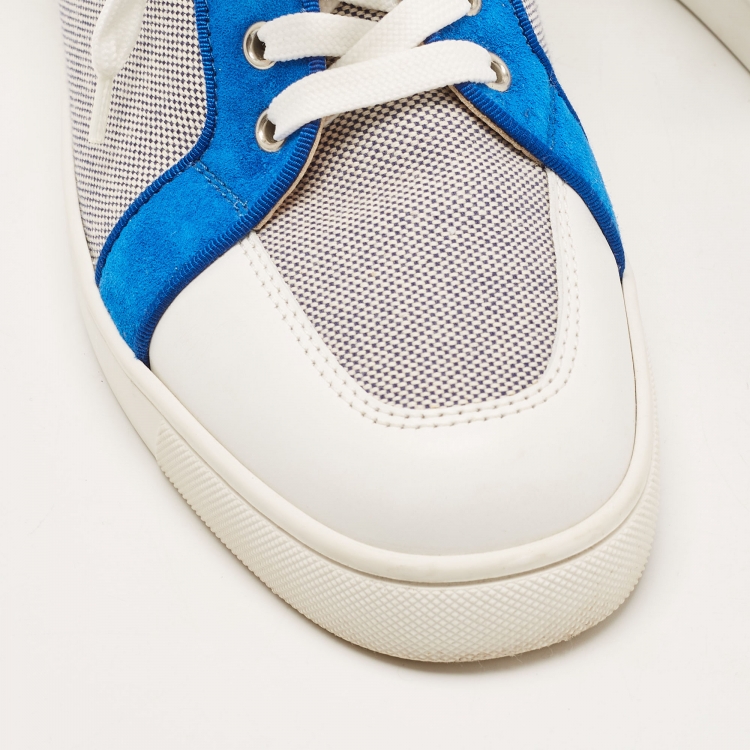 Pre Owned Christian Louboutin White/Navy Blue Leather and Woven Fabric Rantulow Low Top Sneakers Size 44