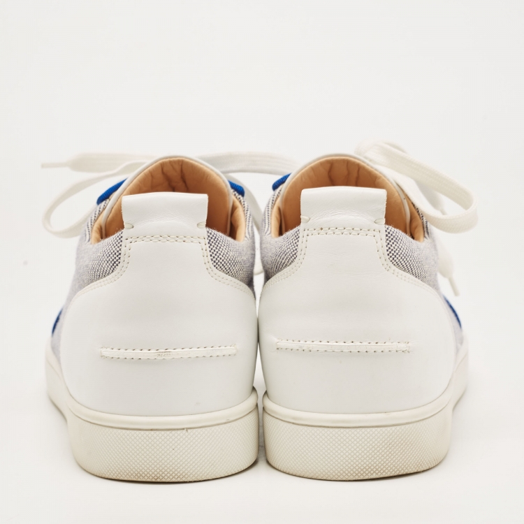 Pre Owned Christian Louboutin White/Navy Blue Leather and Woven Fabric Rantulow Low Top Sneakers Size 44