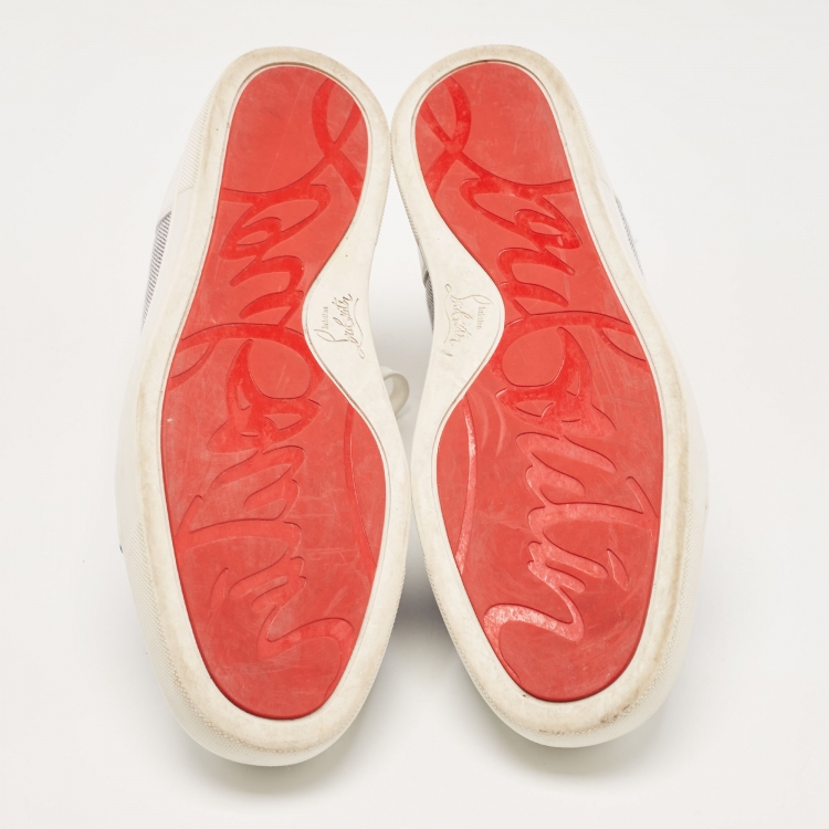Pre Owned Christian Louboutin White/Navy Blue Leather and Woven Fabric Rantulow Low Top Sneakers Size 44
