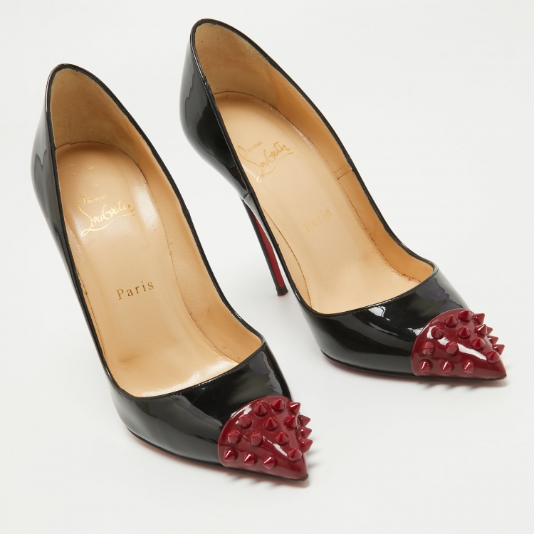 Pre Owned Christian Louboutin Black/Burgundy Patent Leather Geo Spike Pumps Size 39