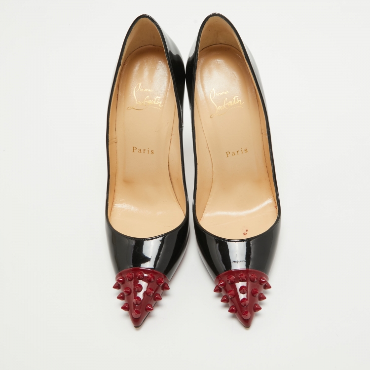 Pre Owned Christian Louboutin Black/Burgundy Patent Leather Geo Spike Pumps Size 39