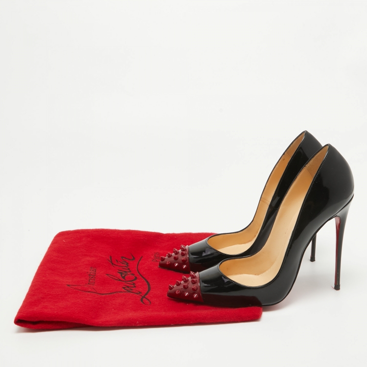 Pre Owned Christian Louboutin Black/Burgundy Patent Leather Geo Spike Pumps Size 39