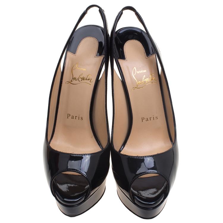 Pre Owned Christian Louboutin Black Patent Leather Lady Peep Toe Platform Slingback Sandals Size 37.5