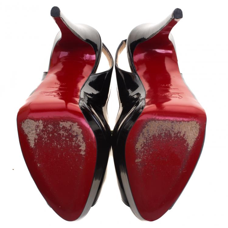 Pre Owned Christian Louboutin Black Patent Leather Lady Peep Toe Platform Slingback Sandals Size 37.5