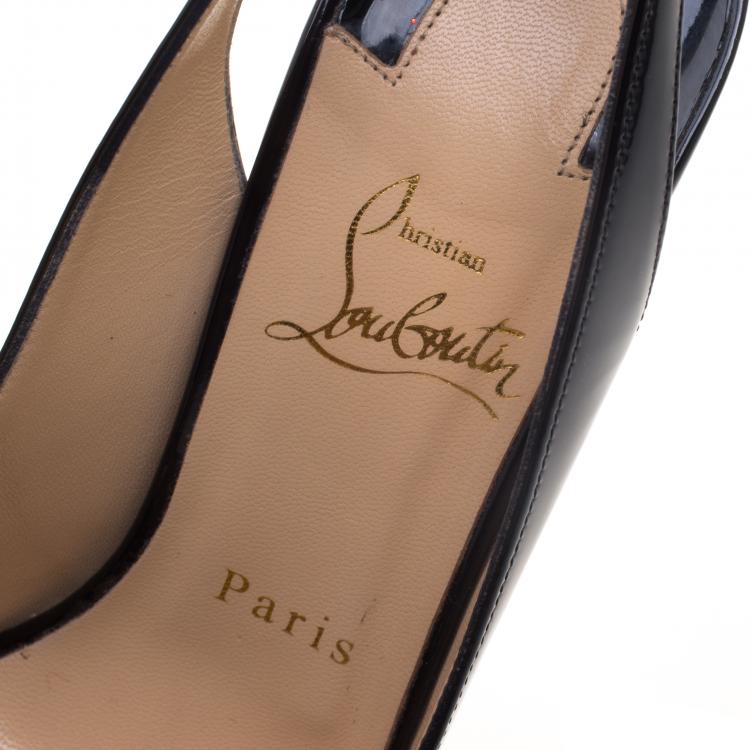 Pre Owned Christian Louboutin Black Patent Leather Lady Peep Toe Platform Slingback Sandals Size 37.5