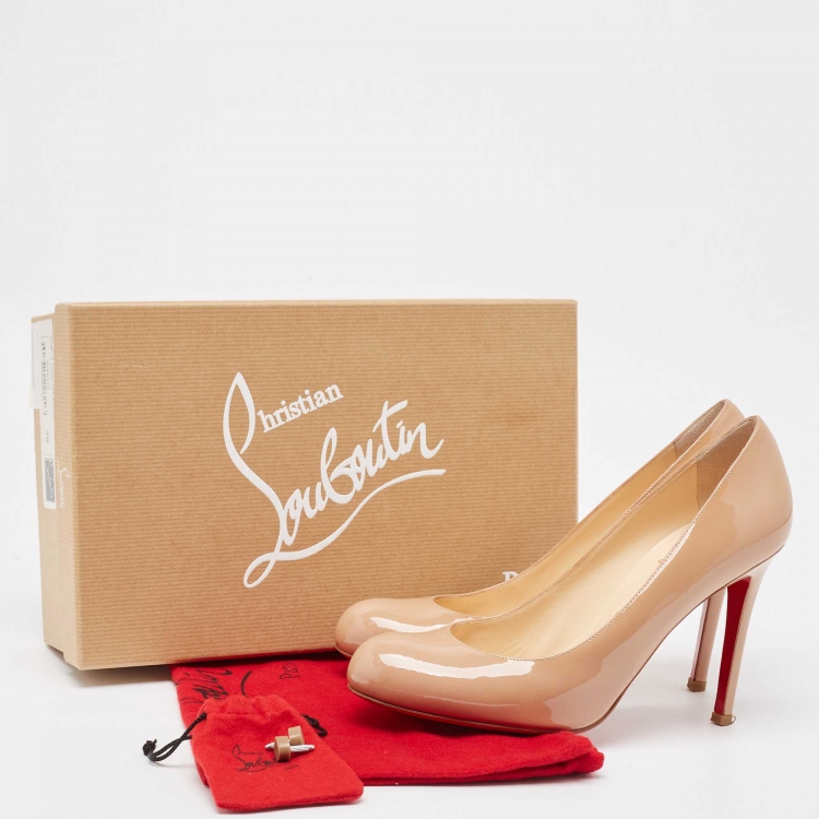 Pre Owned Christian Louboutin Beige Patent Leather Simple Pumps Size 38
