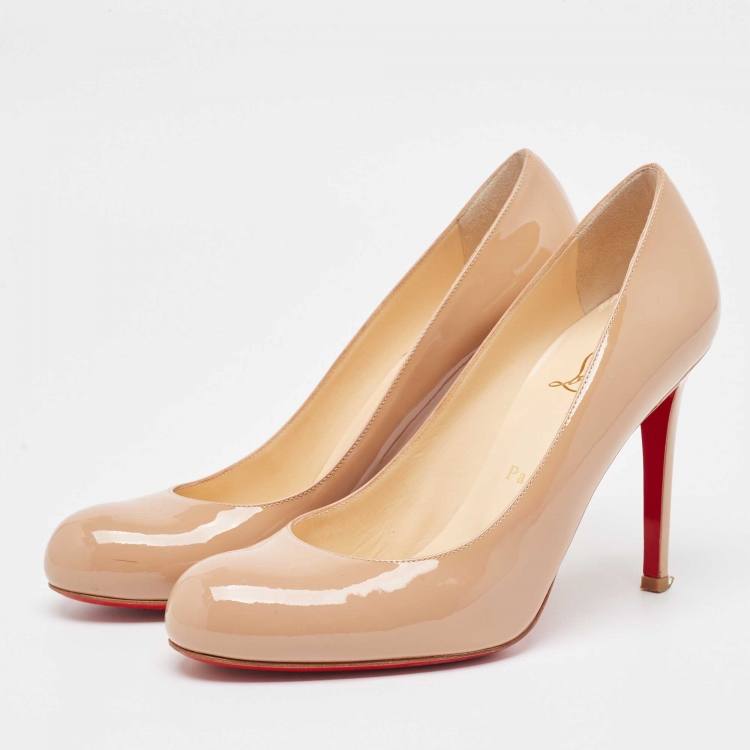 Pre Owned Christian Louboutin Beige Patent Leather Simple Pumps Size 38