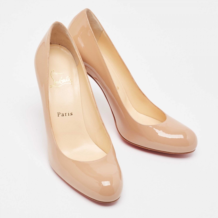 Pre Owned Christian Louboutin Beige Patent Leather Simple Pumps Size 38
