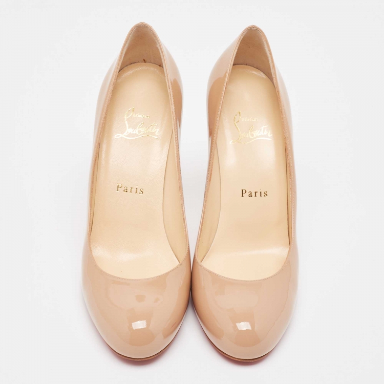 Pre Owned Christian Louboutin Beige Patent Leather Simple Pumps Size 38