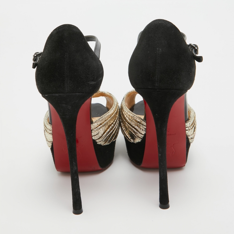 Pre Owned Christian Louboutin Gold/Black Suede and Leather Ankle Strap Louboutin Pumps Size 34