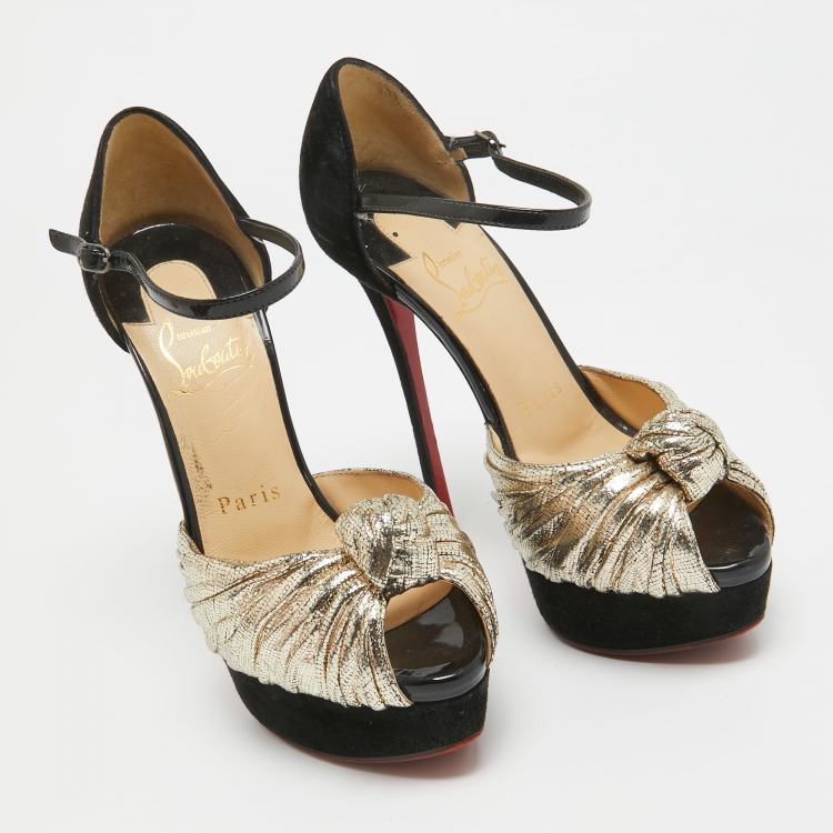 Pre Owned Christian Louboutin Gold/Black Suede and Leather Ankle Strap Louboutin Pumps Size 34