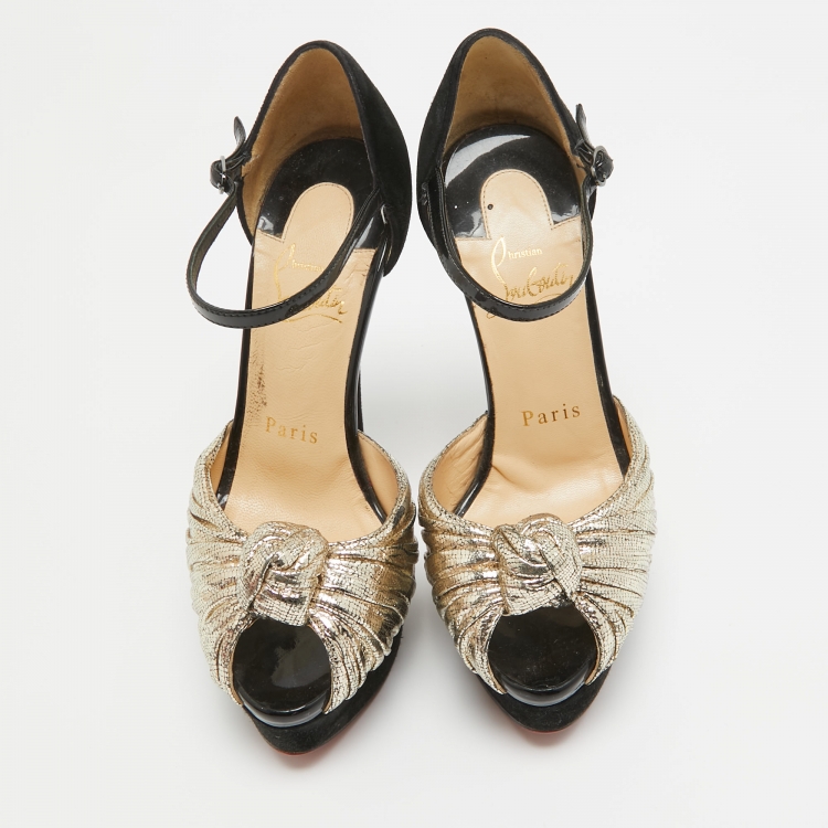 Pre Owned Christian Louboutin Gold/Black Suede and Leather Ankle Strap Louboutin Pumps Size 34