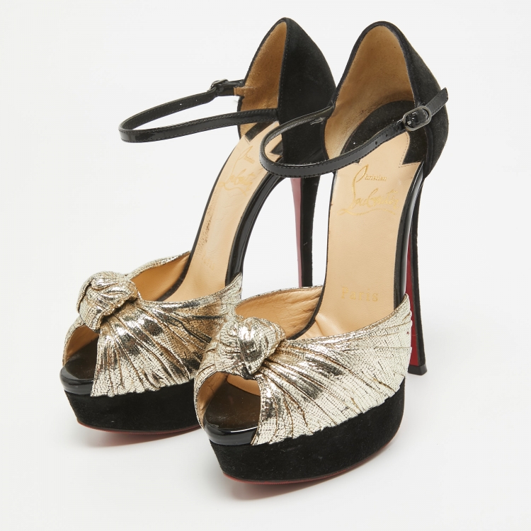 Pre Owned Christian Louboutin Gold/Black Suede and Leather Ankle Strap Louboutin Pumps Size 34