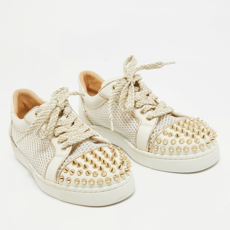 Pre Owned Christian Louboutin White Mesh and Leather AC Viera Spiked Orlato Low Top Sneakers Size 35