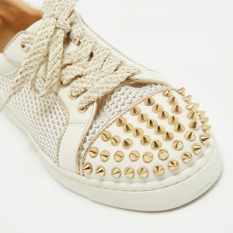 Pre Owned Christian Louboutin White Mesh and Leather AC Viera Spiked Orlato Low Top Sneakers Size 35