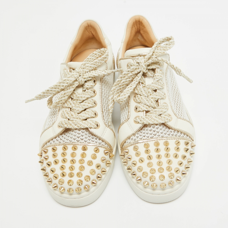 Pre Owned Christian Louboutin White Mesh and Leather AC Viera Spiked Orlato Low Top Sneakers Size 35