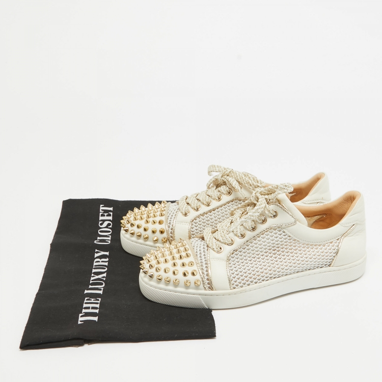 Pre Owned Christian Louboutin White Mesh and Leather AC Viera Spiked Orlato Low Top Sneakers Size 35