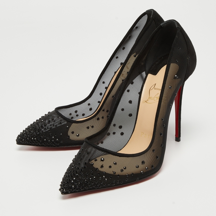 Christian Louboutin Black Suede and Mesh Follies Strass Pumps Size 37.5 Christian Louboutin TLC